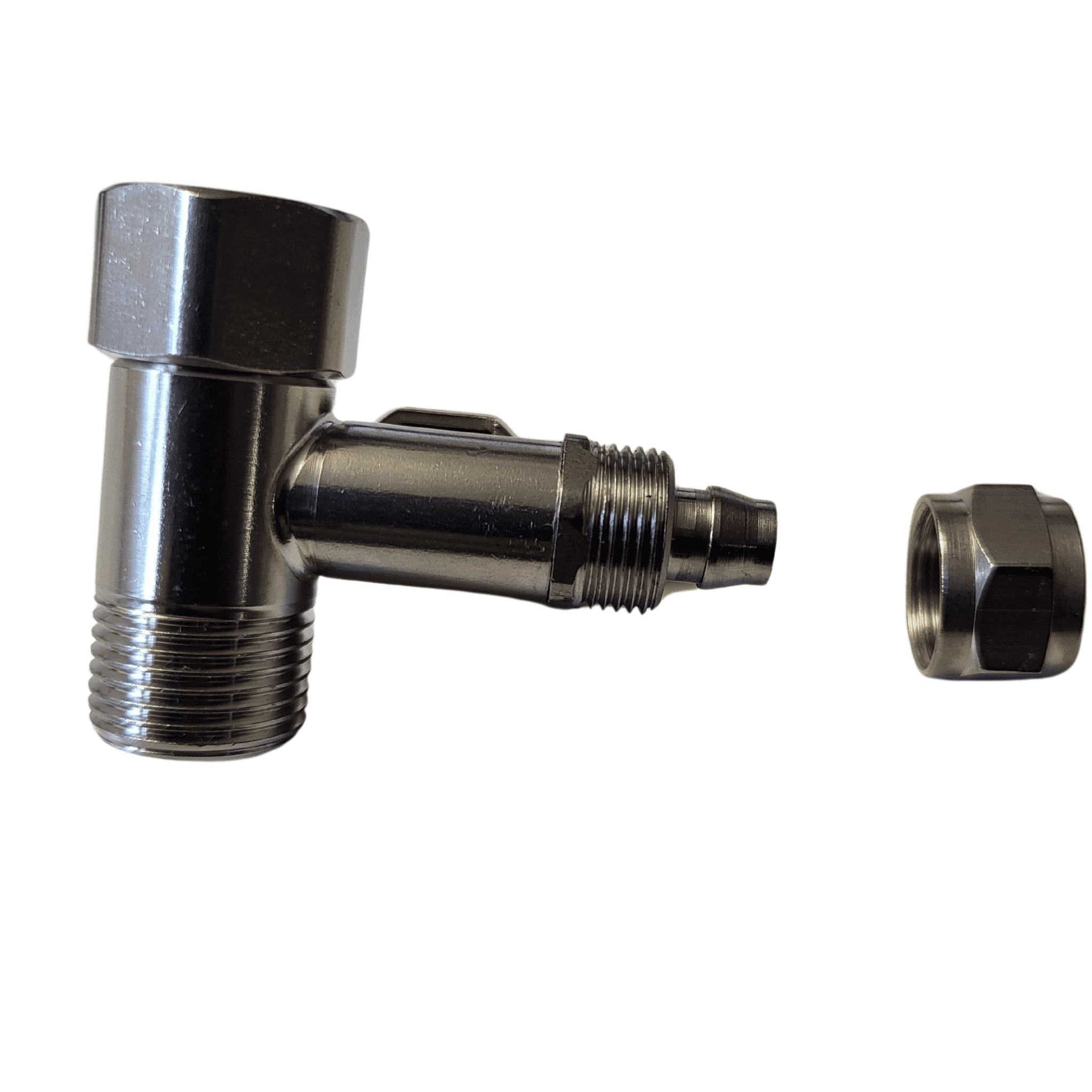 Zu sehen ist ein Edelstahl Absperrhahn mit T-Stück und Schraubverschluss, Gewindeanschlüsse 3/8", glänzende Oberfläche.