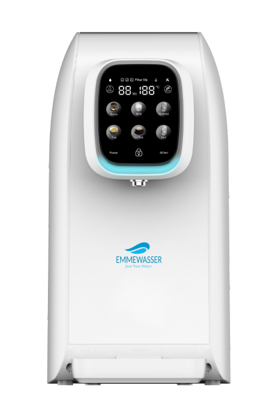 Modern Auftisch Osmoseanlage PureBliss in Weiß mit Touchdisplay, mehreren Bedienelementen und Emmewasser-Logo auf der Front