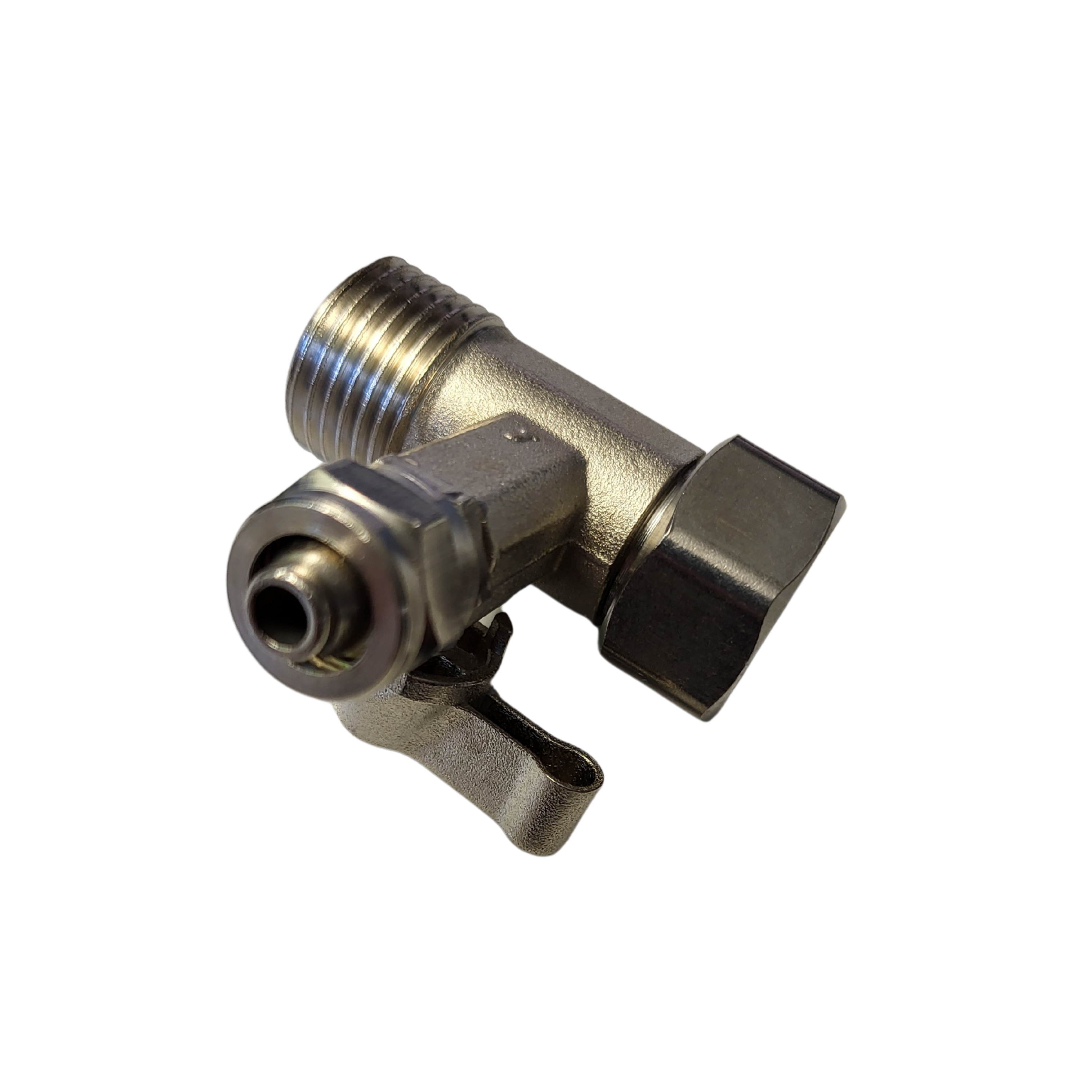 Ein T-Stück Absperrhahn aus Metall mit drei Anschlüssen 3/8 x 3/8 x 1/4 Zoll, Schraubverschluss und seitlichem Hebelventil.
