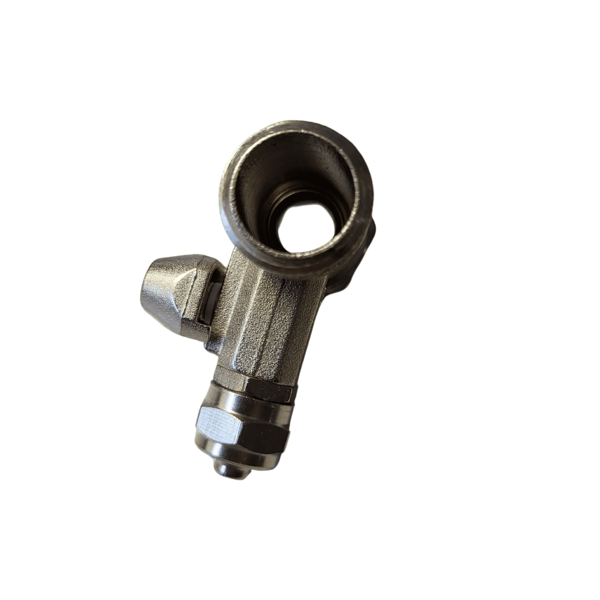 Das Bild zeigt ein metallisches Absperrventil Adapter T-Stück mit drei Anschlüssen, Gewinde und Schraubverschluss.