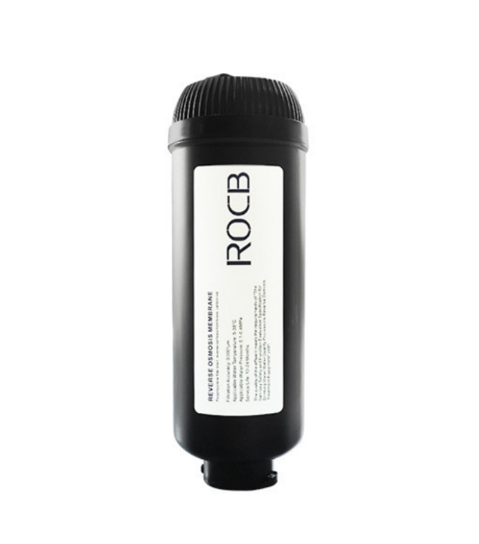 Ein schwarzer zylindrischer H2Flow ROCB Membran Filter mit geriffeltem Deckel und weißem Etikett, aufrecht positioniert.