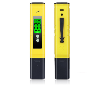 Zwei gelbe digitale pH Messgeräte, eines mit grün beleuchtetem Display und Tasten, das andere zeigt die Rückseite mit Clip.