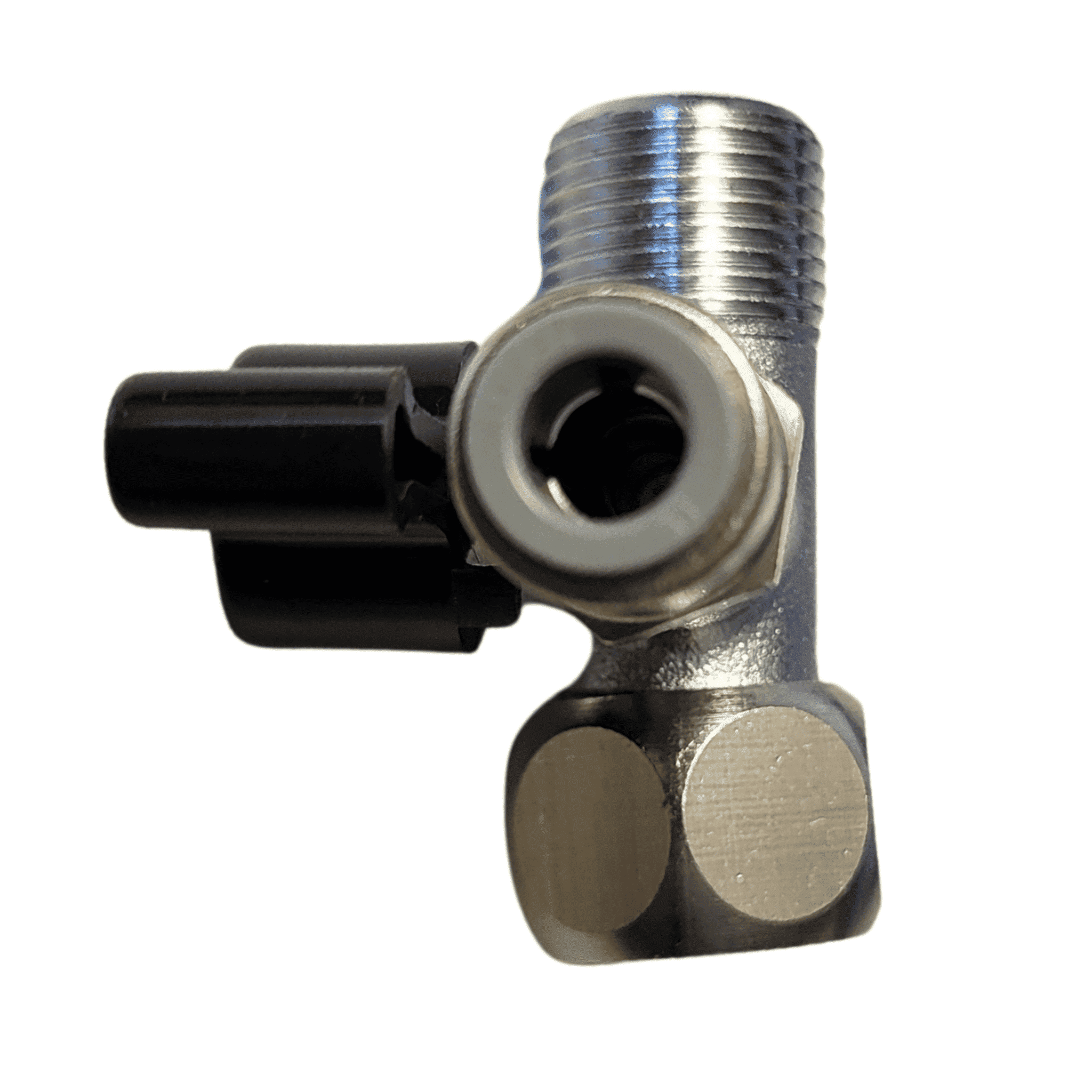 Ein silberner Absperrhahn Adapter T-Stück mit drei Anschlüssen, Gewinde 3/8 Zoll und 1/4 Zoll QC-Schlauchanschluss.