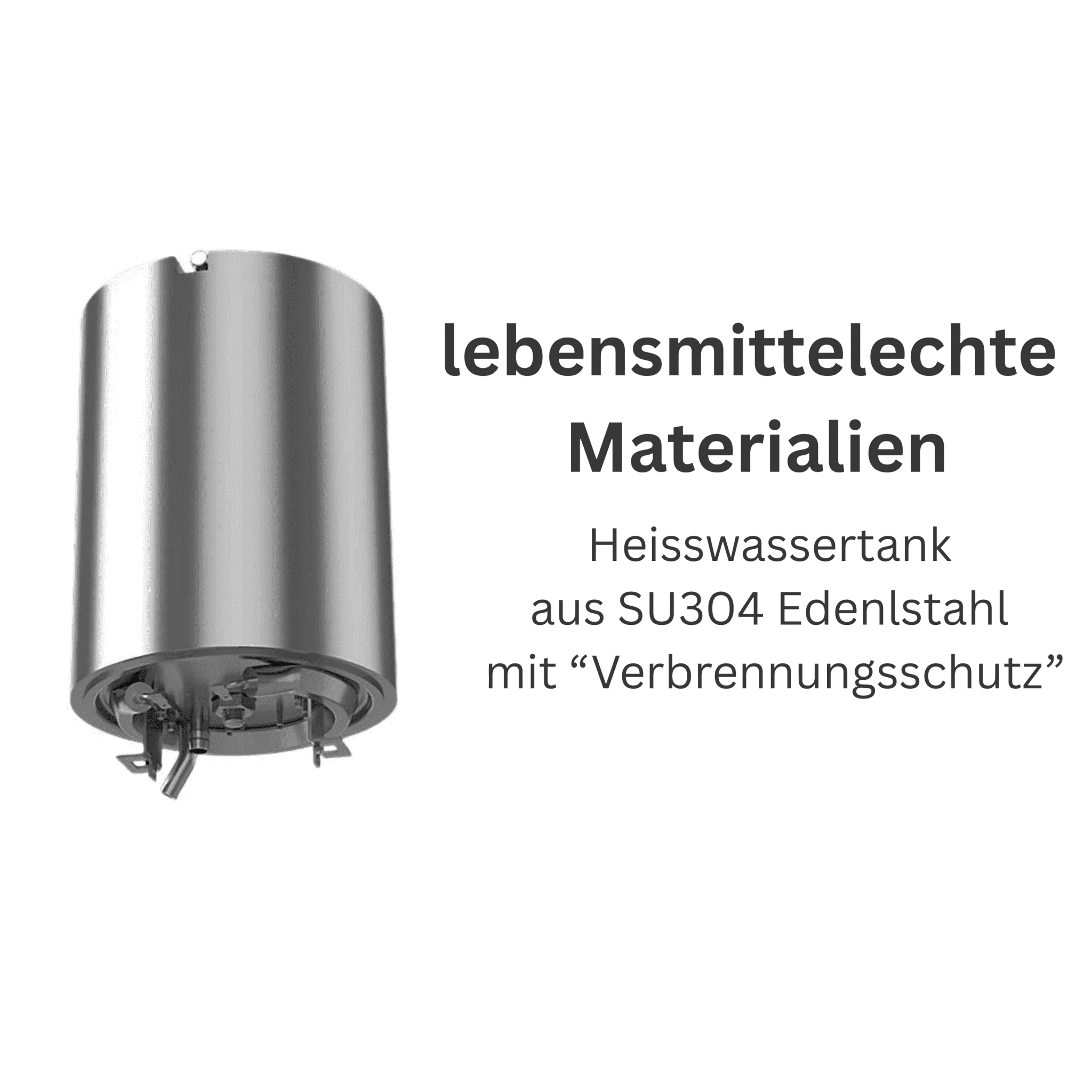 Ein zylindrischer, silberner Edelstahltank mit Anschlüssen und Technik am unteren Ende, daneben Text zu lebensmittelechten Materialien.