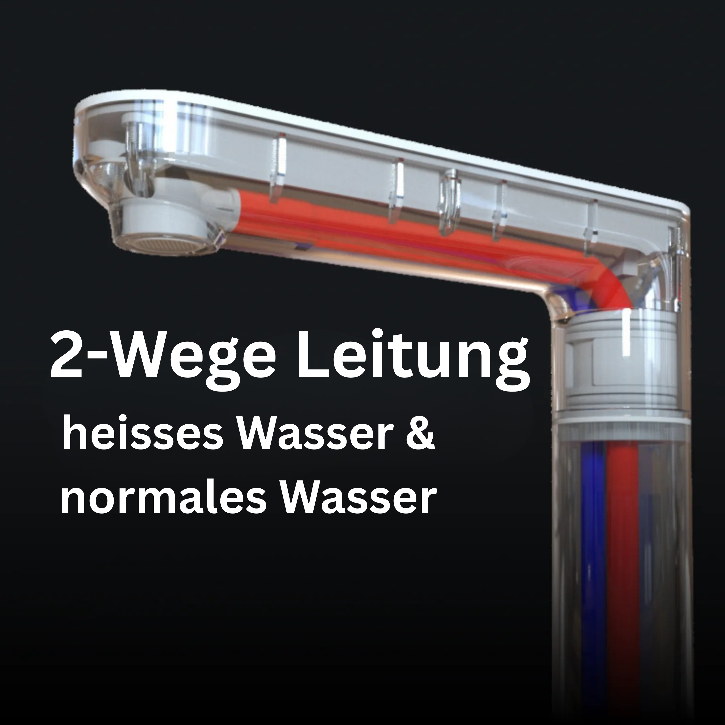 Eine transparente Rohrleitung mit zwei getrennten Leitungen für heißes (rot markiert) und normales Wasser (blau markiert).