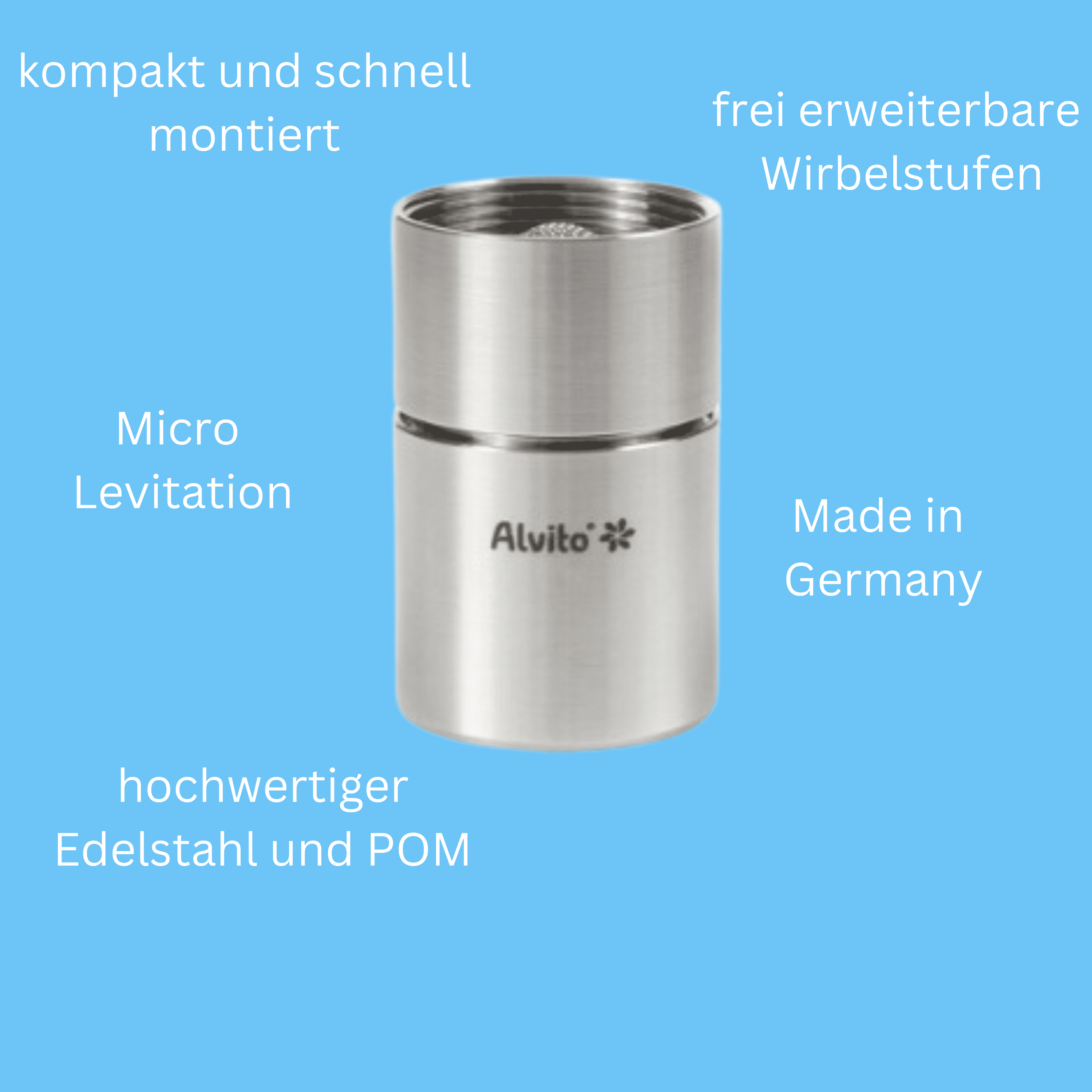 Ein zylindrischer Wasserwirbler aus Edelstahl, mittig geteilt, mit Alvito-Logo, umgeben von deutschen Produkteigenschaften.