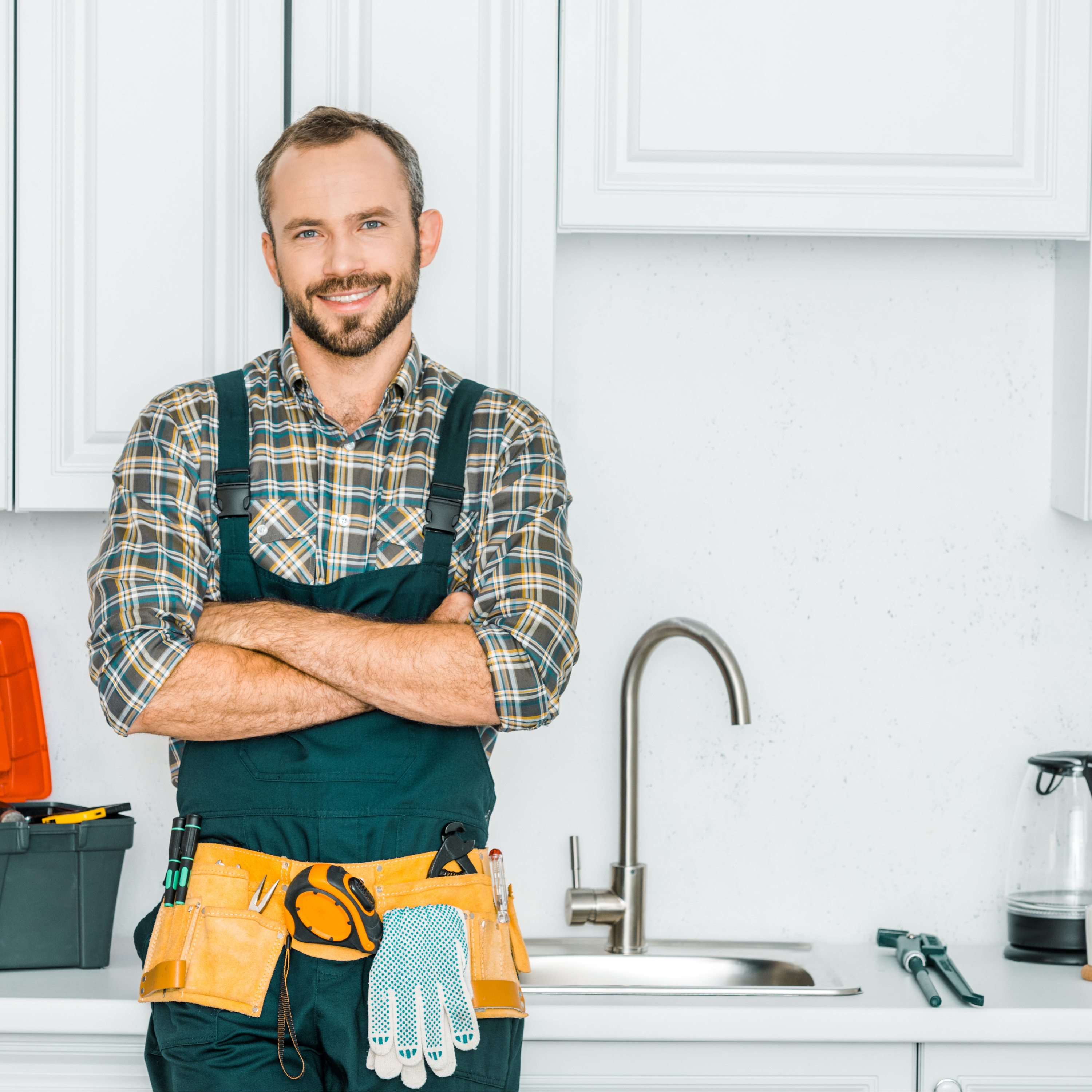 Ein Handwerker mit kariertem Hemd und Werkzeuggürtel steht in einer modernen Küche, Werkzeugkiste und Wasserhahn sichtbar.