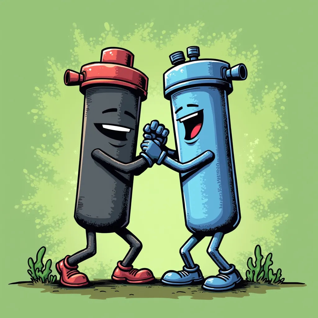 Zwei cartoonartige Wasserfilter-Patronen, eine schwarz mit rotem Deckel, eine blau mit blauem Deckel, halten einander lachend die Hände.