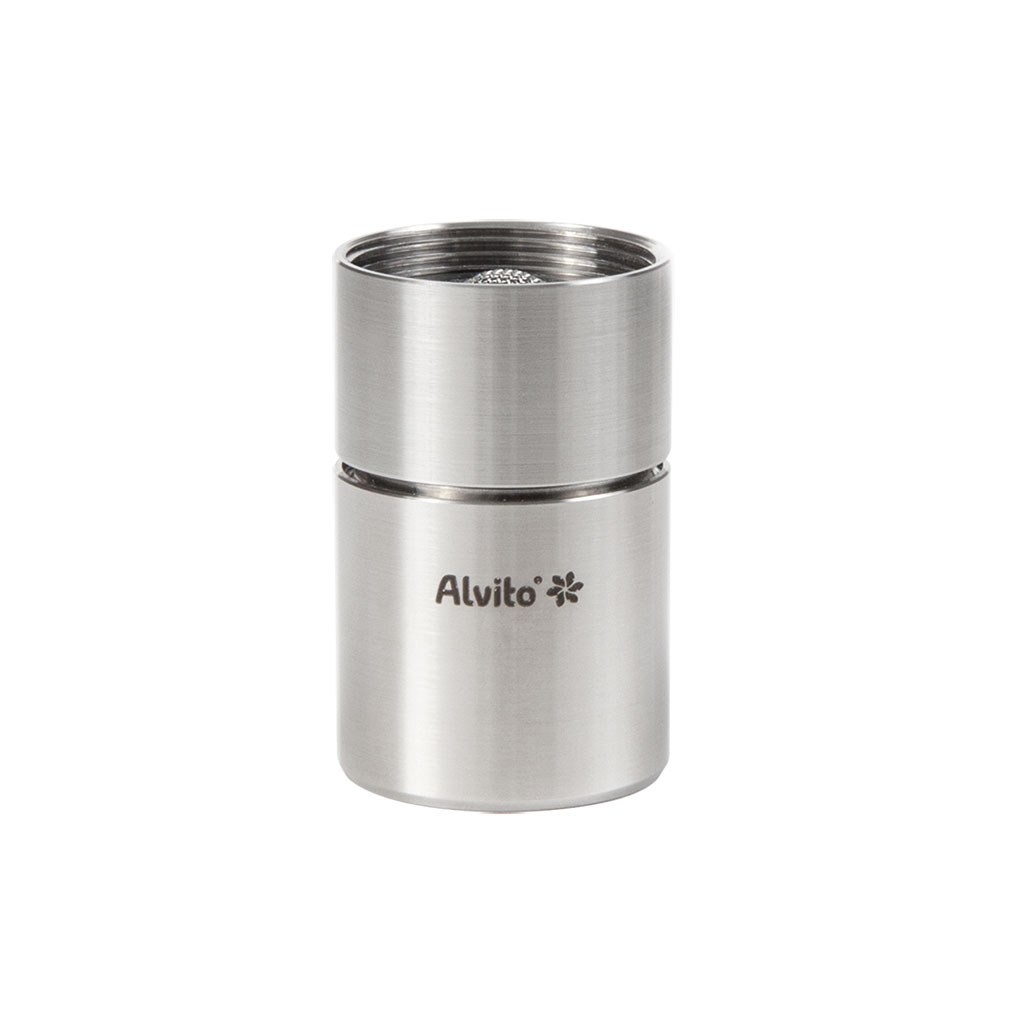 Zylindrischer Wasserwirbler Alvito Viva 2.8 aus gebürstetem Edelstahl, dezentes Logo mit Sternsymbol, modernes Design.