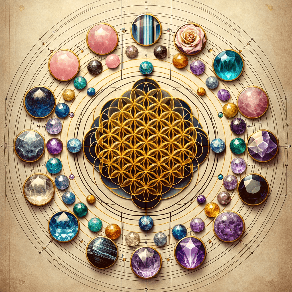 Ein Mandala aus goldenen Linien und geometrischen Mustern, umgeben von bunten Edelsteinen, Kristallen und einer Rose.