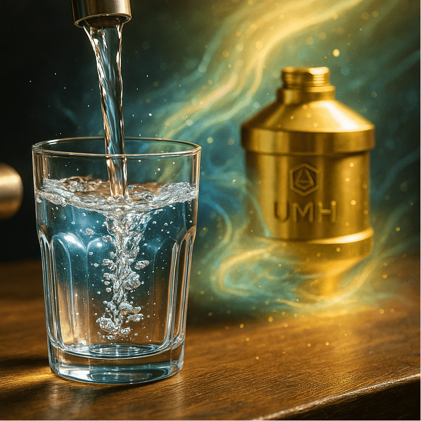 Ein klares Glas wird von einem Wasserhahn mit Wasser befüllt, daneben steht ein goldenes UMH Wasserfiltergehäuse auf Holz.