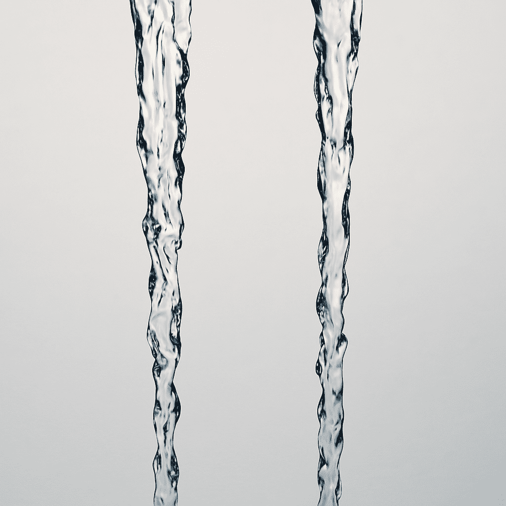 Zwei klare Wasserströme fließen nebeneinander vor hellem, neutralem Hintergrund, sichtbar in vertikaler Ausrichtung.