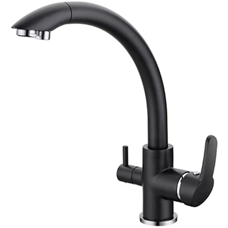 Ein moderner, mattschwarzer Wasserhahn 3Flow Curve mit hohem, gebogenem Auslauf und seitlichem Einhebelmischer aus Metall.