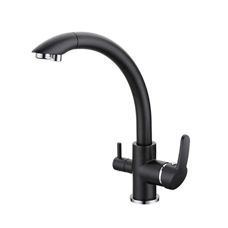 Eine schwarze Küchenarmatur mit gebogenem Auslauf, glänzenden Metallakzenten und zwei Bedienhebeln auf weißem Hintergrund.