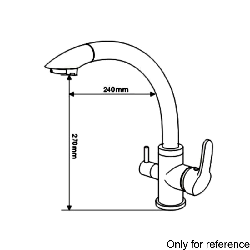 Die Abbildung zeigt einen geschwungenen Wasserhahn mit hohem Auslauf, zwei Griffen, Maße: 240 mm Breite, 270 mm Höhe.