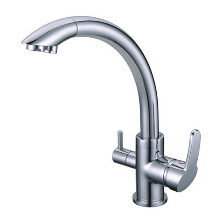 Ein moderner, chromfarbener Wasserhahn mit hohem, gebogenem Auslauf, zwei seitlichen Hebeln und drei separaten Auslässen.