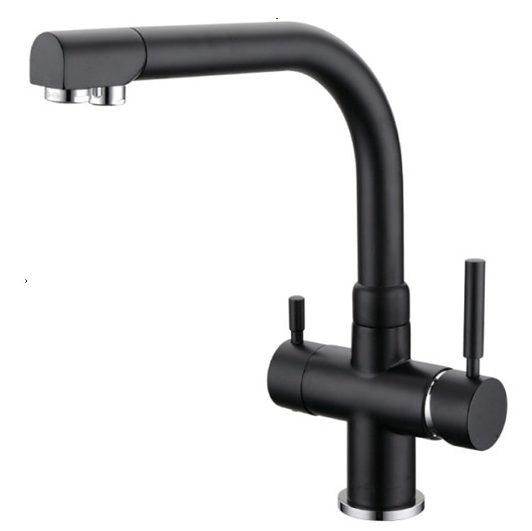Eine schwarze Küchenarmatur mit modernem Design, gebogenem Auslauf, zwei Hebeln und silbernen Akzenten am Auslass.