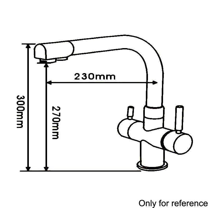 Die Grafik zeigt eine Küchenarmatur mit zwei seitlichen Hebeln, gebogenem Auslauf, 230mm Ausladung und 300mm Höhe.