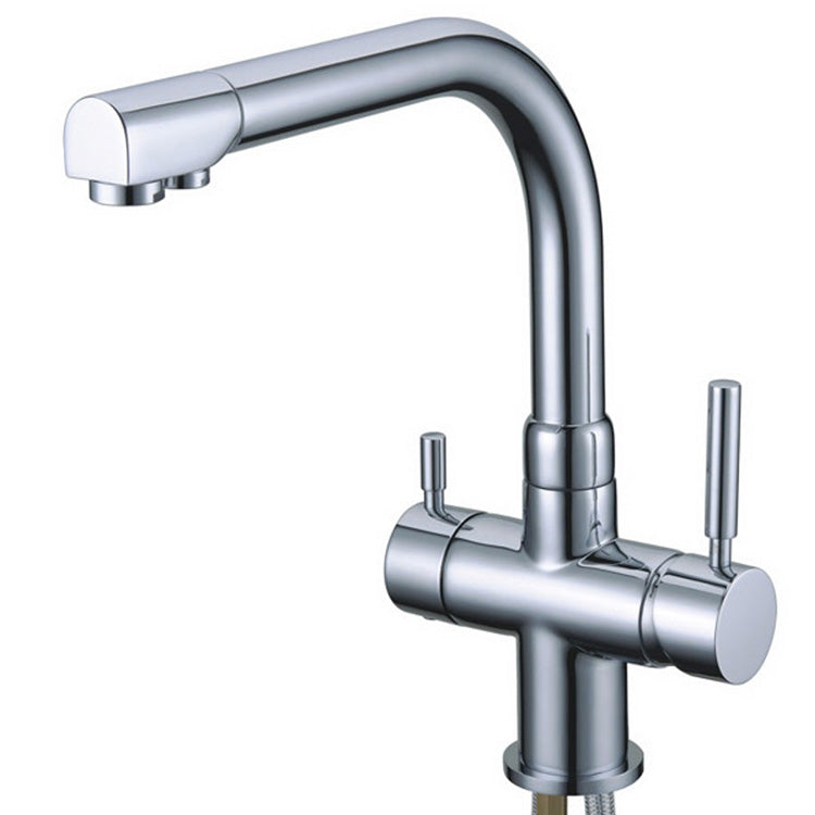 Ein moderner, verchromter Wasserhahn mit zwei seitlichen Hebeln an einem zylindrischen Sockel. Der Auslauf ist eckig gebogen.