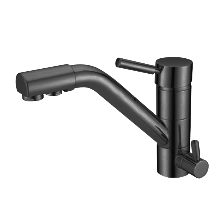 Ein moderner, mattschwarzer Wasserhahn mit zwei Hebeln und abgewinkeltem Auslauf, geeignet für Küchen oder Osmose-Anlagen.
