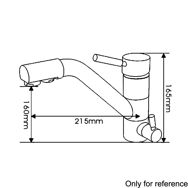 Die Abbildung zeigt eine technische Zeichnung einer Küchenarmatur. Sichtbar sind Auslauf, Griff und Basis, mit Maßen 160 mm, 215 mm und 165 mm. Ein seitlicher Hebel dient vermutlich zur Bedienung. Die Maße sind mit Pfeilen markiert. Unten rechts steht der Hinweis „Only for reference“.