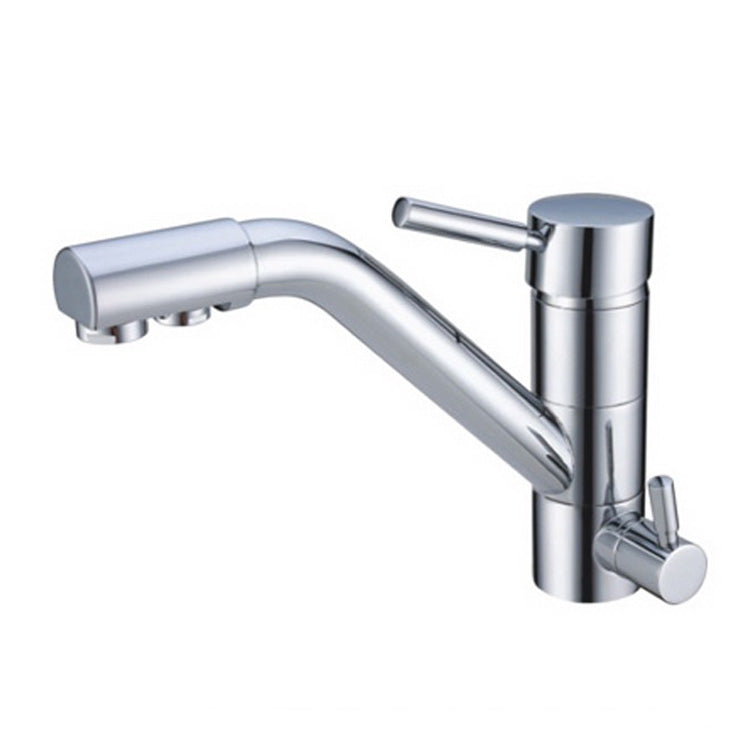 Ein moderner, verchromter Wasserhahn mit seitlichem Hebelgriff und abgewinkeltem Auslauf, geeignet für Küche oder Bad.