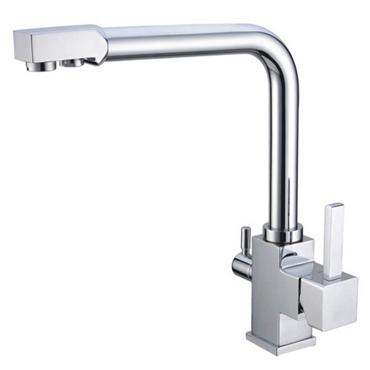 Ein moderner, verchromter Küchenwasserhahn mit eckigem Design, zwei Ausläufen und zwei Hebeln zur getrennten Steuerung.