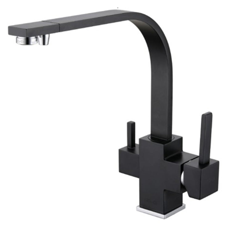 Schwarzer 3Flow Mod Wasserhahn mit eckigem Design, zwei seitlichen Hebeln und abgewinkeltem Auslauf für moderne Küchen.