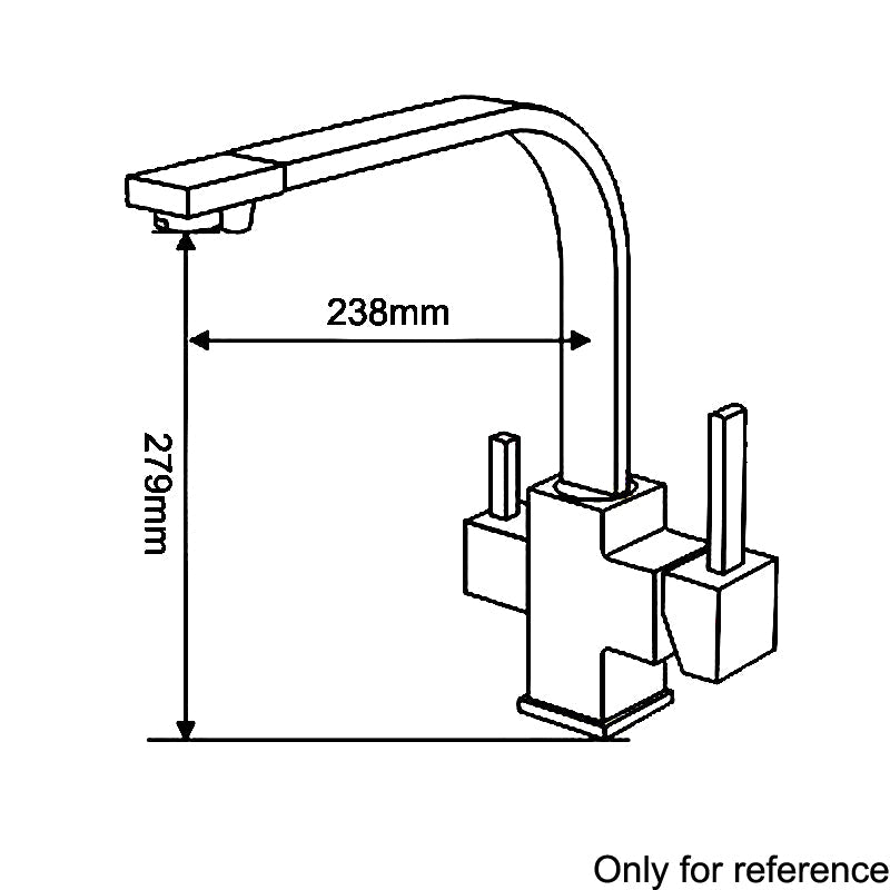 Das Bild zeigt eine technische Zeichnung einer modernen Küchenarmatur, Modell 3Flow Mod, mit zwei Hebeln, Maßen 238 mm Breite und 279 mm Höhe.