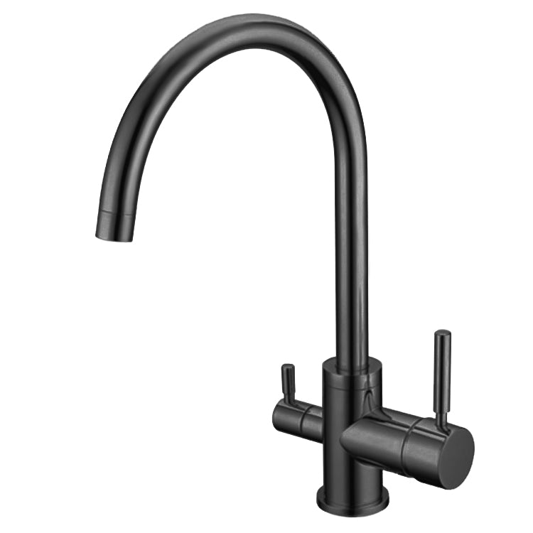 Schwarze 3Flow Classic Küchenarmatur mit hohem, gebogenem Auslauf und zwei schlanken Bedienhebeln an beiden Seiten.