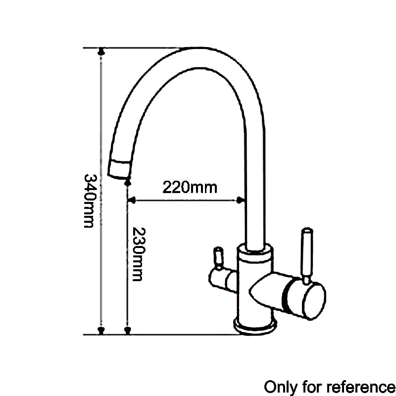 Die Zeichnung zeigt eine 3Flow Classic Armatur mit hohem, geschwungenem Auslauf, seitlichem Hebelgriff und Maßangaben.