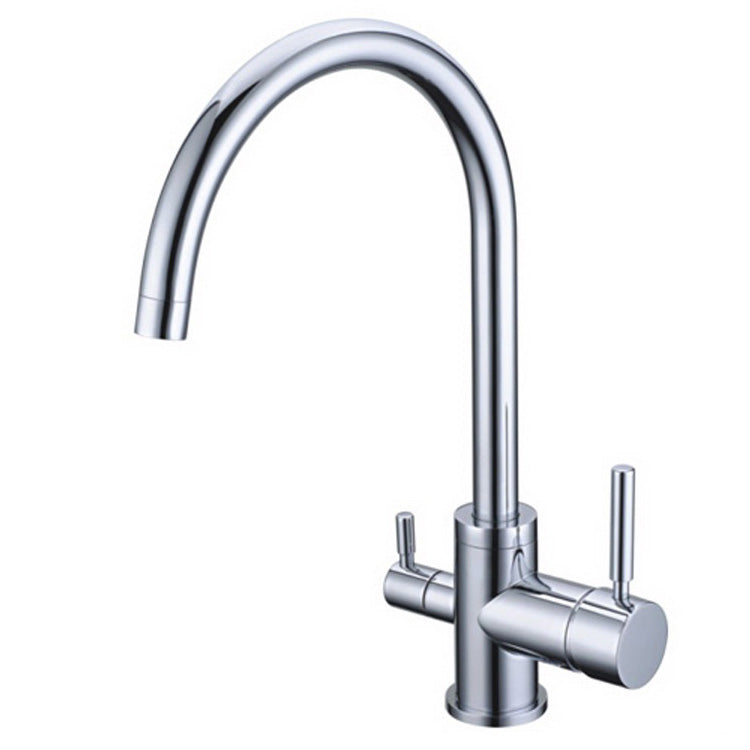 Ein moderner, glänzender Wasserhahn aus Metall mit hohem, gebogenem Auslauf und zwei seitlichen Hebelgriffen am Sockel.