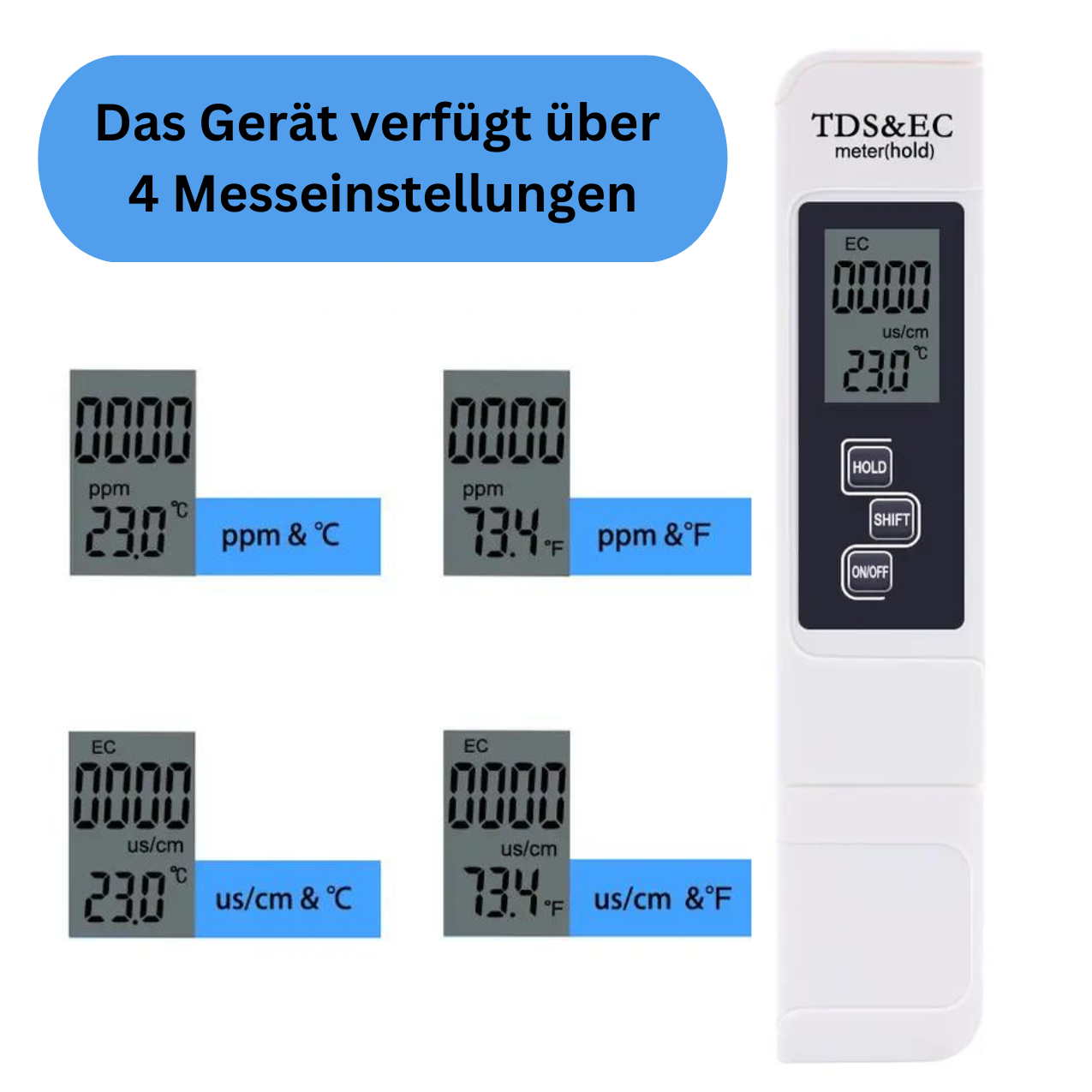 Digitales TDS- und EC-Messgerät mit Display, zeigt verschiedene Messeinstellungen wie ppm oder us/cm sowie Temperatur an.