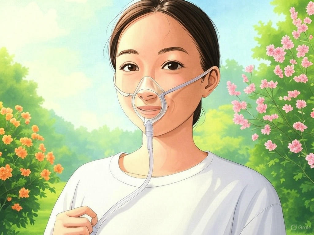 Eine junge Frau mit braunen Haaren trägt ein weißes Shirt und eine Sauerstoffmaske, steht draußen vor blühenden Büschen.