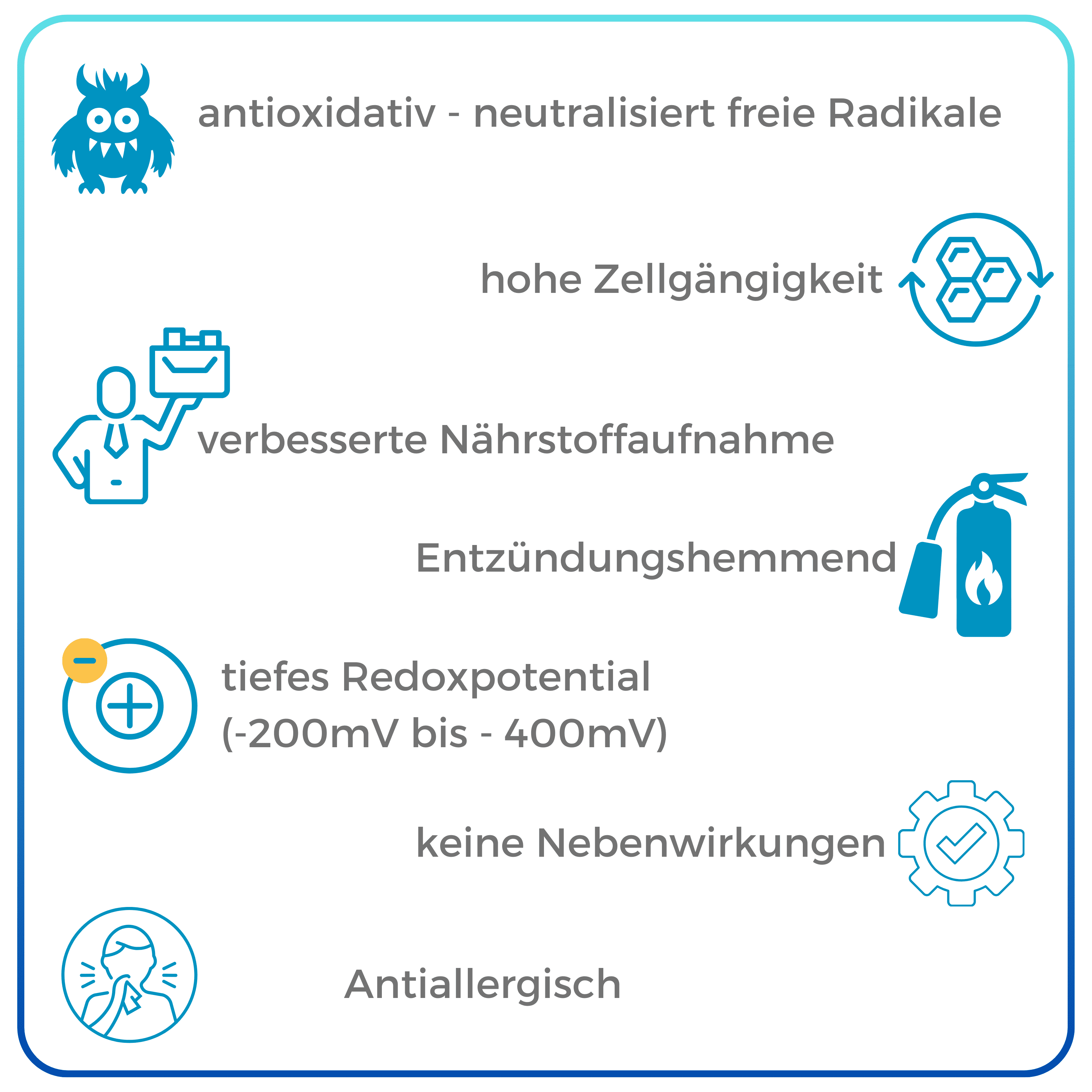 Die Grafik zeigt sieben Vorteile eines Produkts mit passenden Icons: antioxidativ, hohe Zellgängigkeit, bessere Nährstoffaufnahme, entzündungshemmend, tiefes Redoxpotential, keine Nebenwirkungen, antiallergisch.