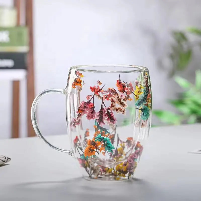 doppelwandige Tassen Becher aus Glas mit echten getrockneten Blumen