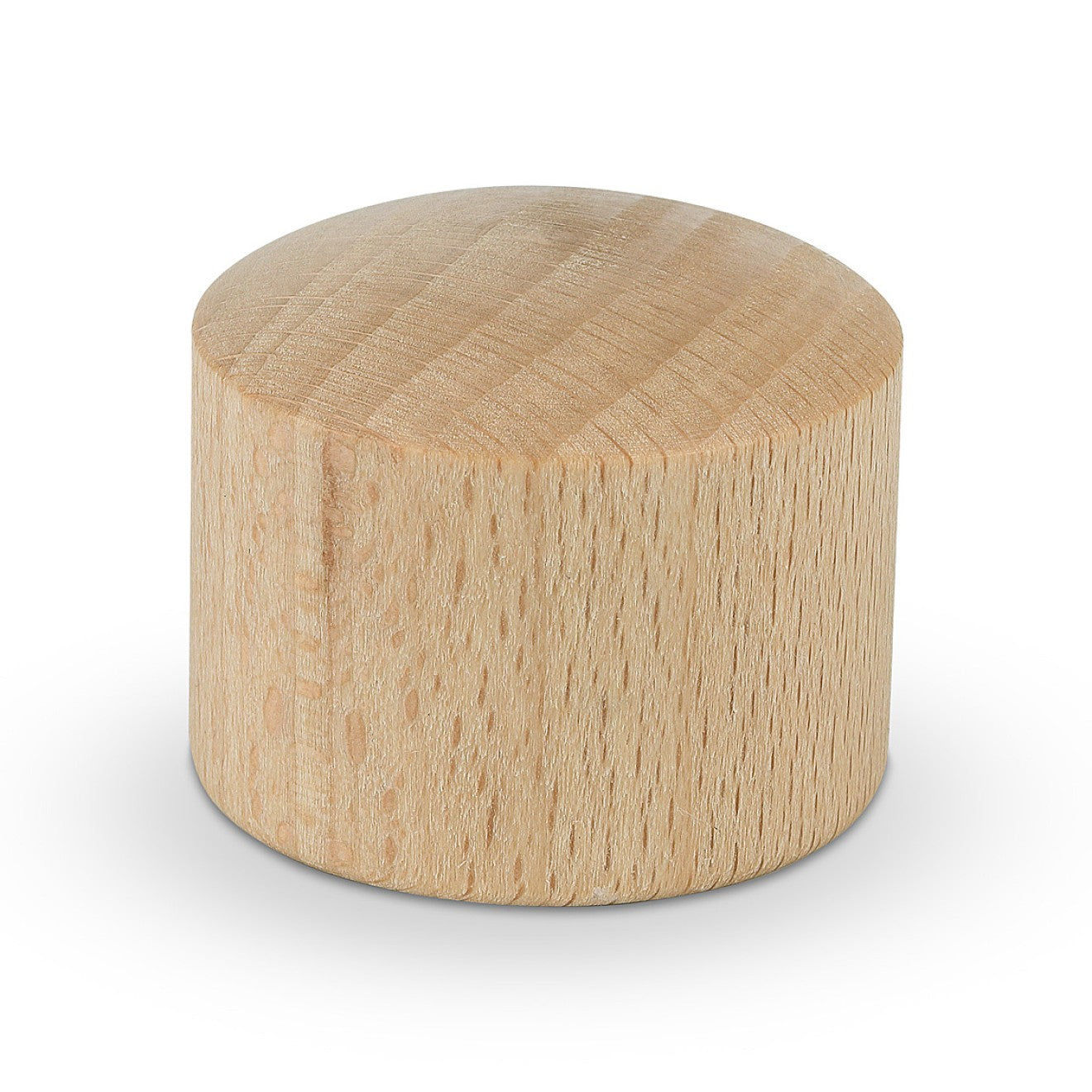 Auf dem Bild ist ein zylindrischer Holzdeckel aus hellem Holz mit glatter Oberfläche und sichtbarer Maserung zu sehen.