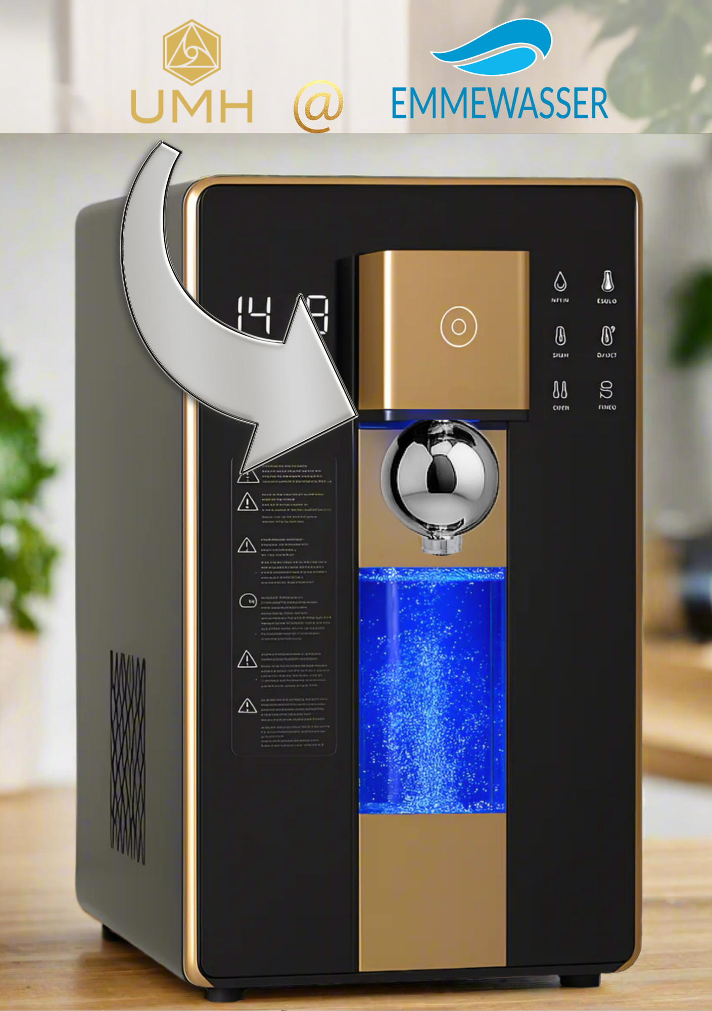 Das Bild zeigt eine Auftisch Osmoseanlage HydroBliss in Schwarz-Gold mit Display, Tasten, silberner Kugel und blauem Wasserbehälter.