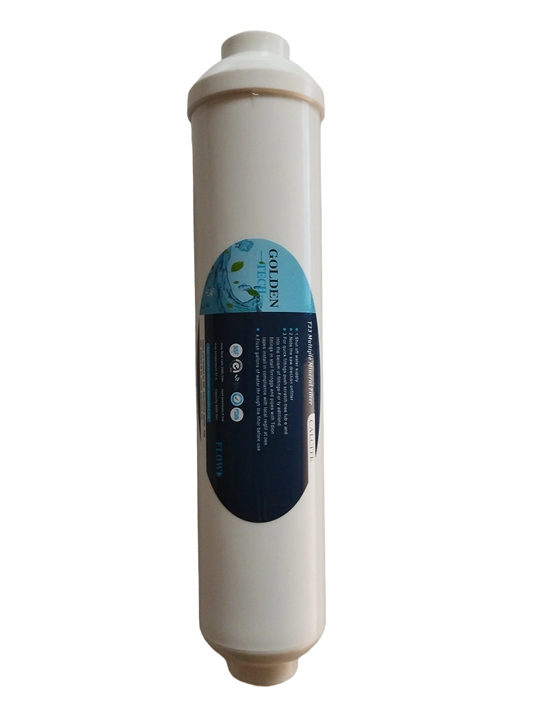 Ein weißer, zylindrischer T33 Calcit Nachfilter mit blauem Etikett, beidseitigen Anschlüssen und Wasserfilter-Beschriftung.