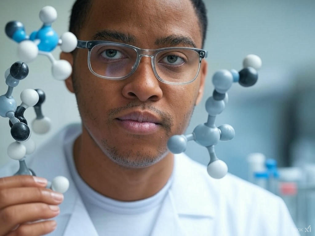 Ein Mann mit Brille und Laborkittel hält chemische Molekülmodelle aus bunten Kugeln und Stäben in einem Laborumfeld.