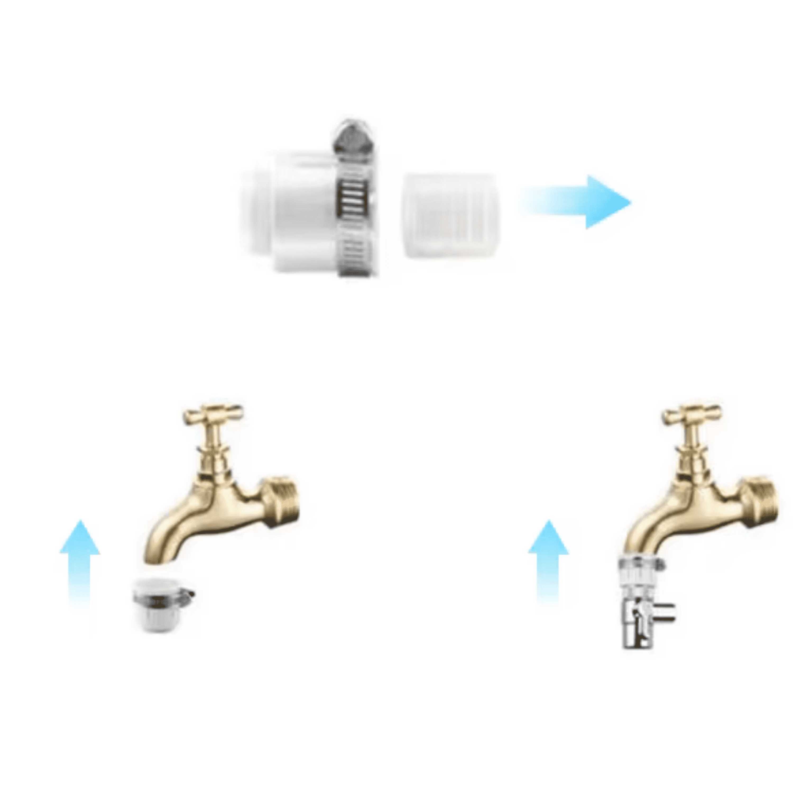 Oben in der Mitte befindet sich ein weißes Adapterstück mit Metallschelle. Unten sind zwei Messingwasserhähne, einer ohne, einer mit montiertem Adapter. Pfeile zeigen die Montageabfolge an.