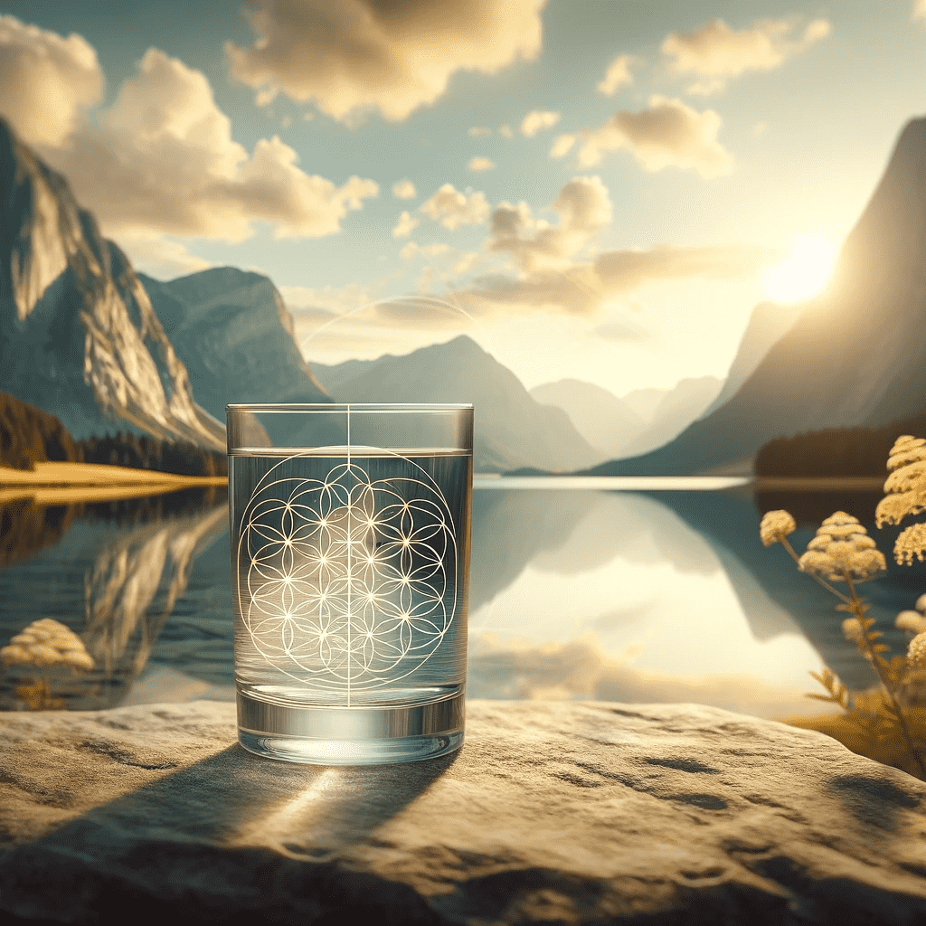 Ein Wasserglas mit geometrischem Muster steht auf einem Felsen vor ruhigem See, umgeben von Bergen und Sonnenuntergang.