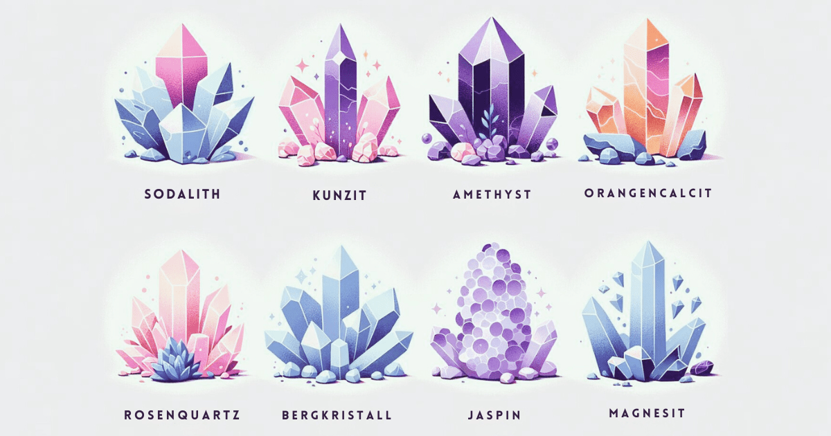 In der Abbildung sind neun unterschiedliche, stilisierte Kristalle mit verschiedenen Farben und geometrischen Formen zu sehen, jeweils mit Namen: Sodalith (blau), Kunzit (rosa), Amethyst (violett), Orangencalcit (orange), Rosenquartz (hellrosa), Bergkristall (hellblau), Jaspin (aus vielen lila Kugeln), Magnesit (blau). Jeder Kristall ist einzeln dargestellt und von kleinen Steinen umgeben.