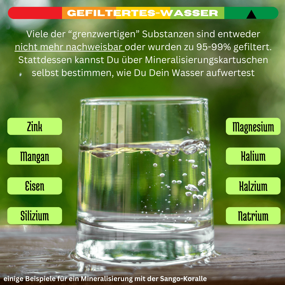 Ein Glas gefiltertes Wasser mit Bläschen steht auf einem Holztisch, umgeben von Listen verschiedener Mineralien vor grünem Hintergrund.