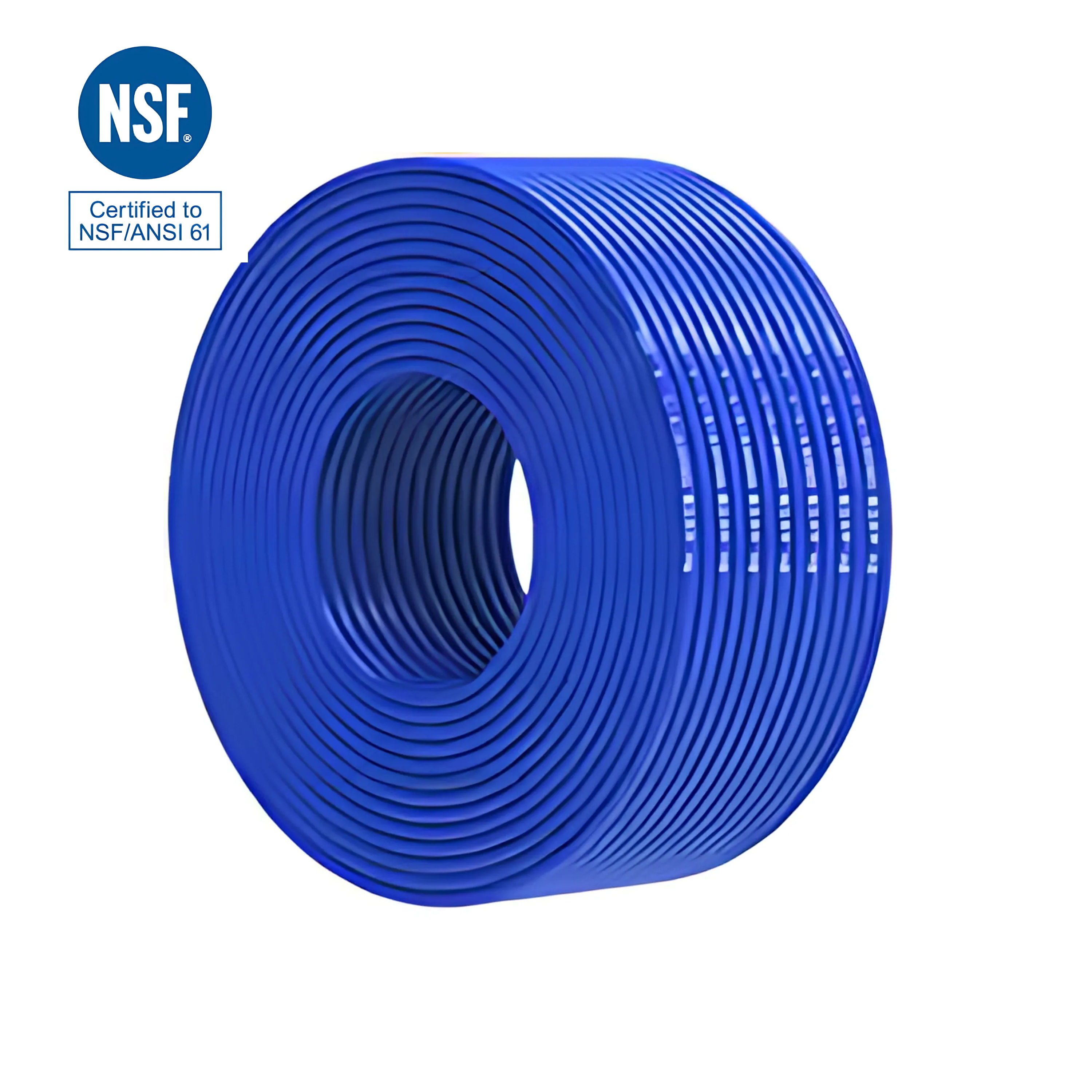 Eine große Rolle blauer 1/4" Umkehrosmoseschlauch, ordentlich gewickelt, mit NSF-Zertifizierung auf weißem Hintergrund.
