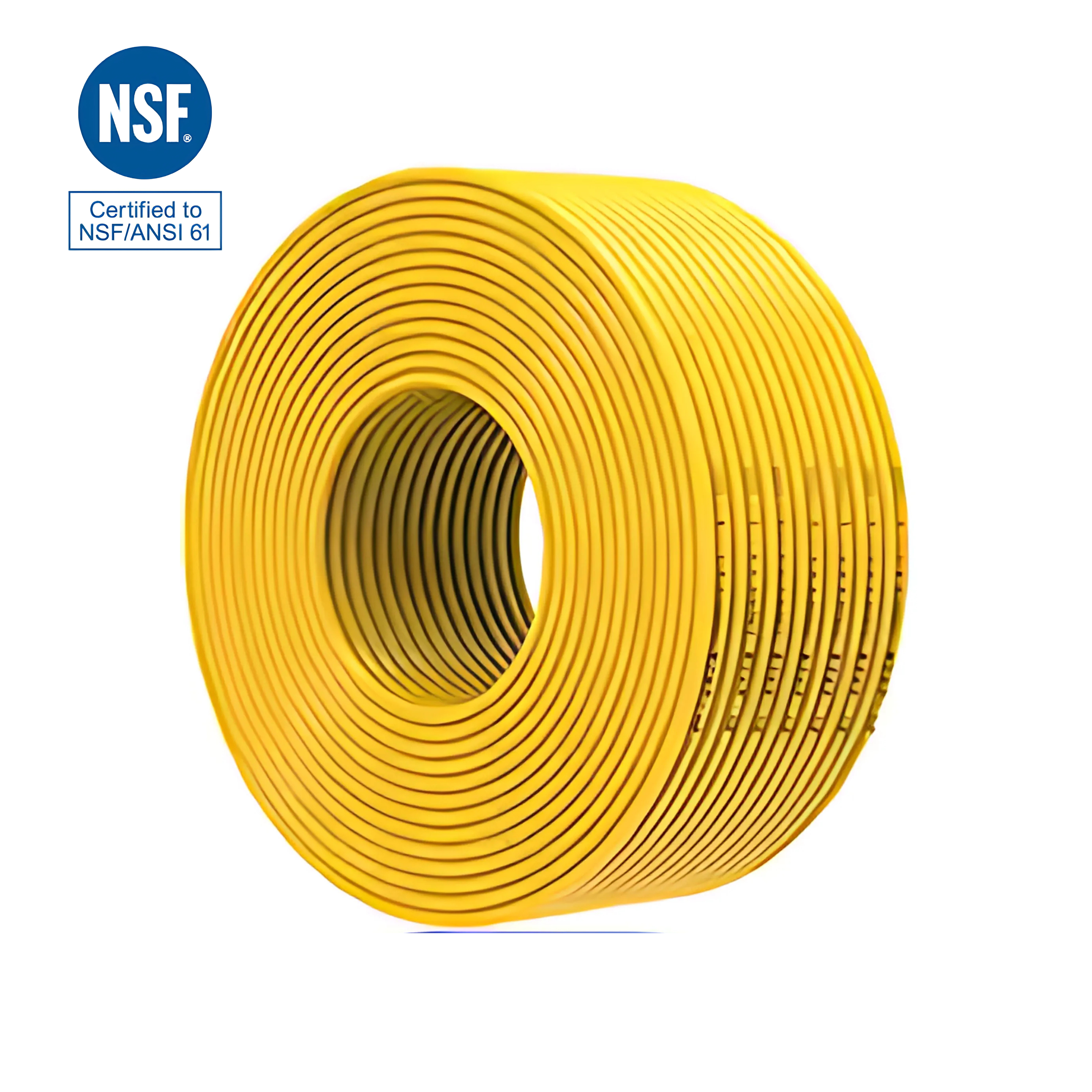 Eine große gelbe Rolle 1/4" Umkehrosmoseschlauch, lebensmittelecht und zertifiziert, auf weißem Hintergrund mit NSF-Logo.