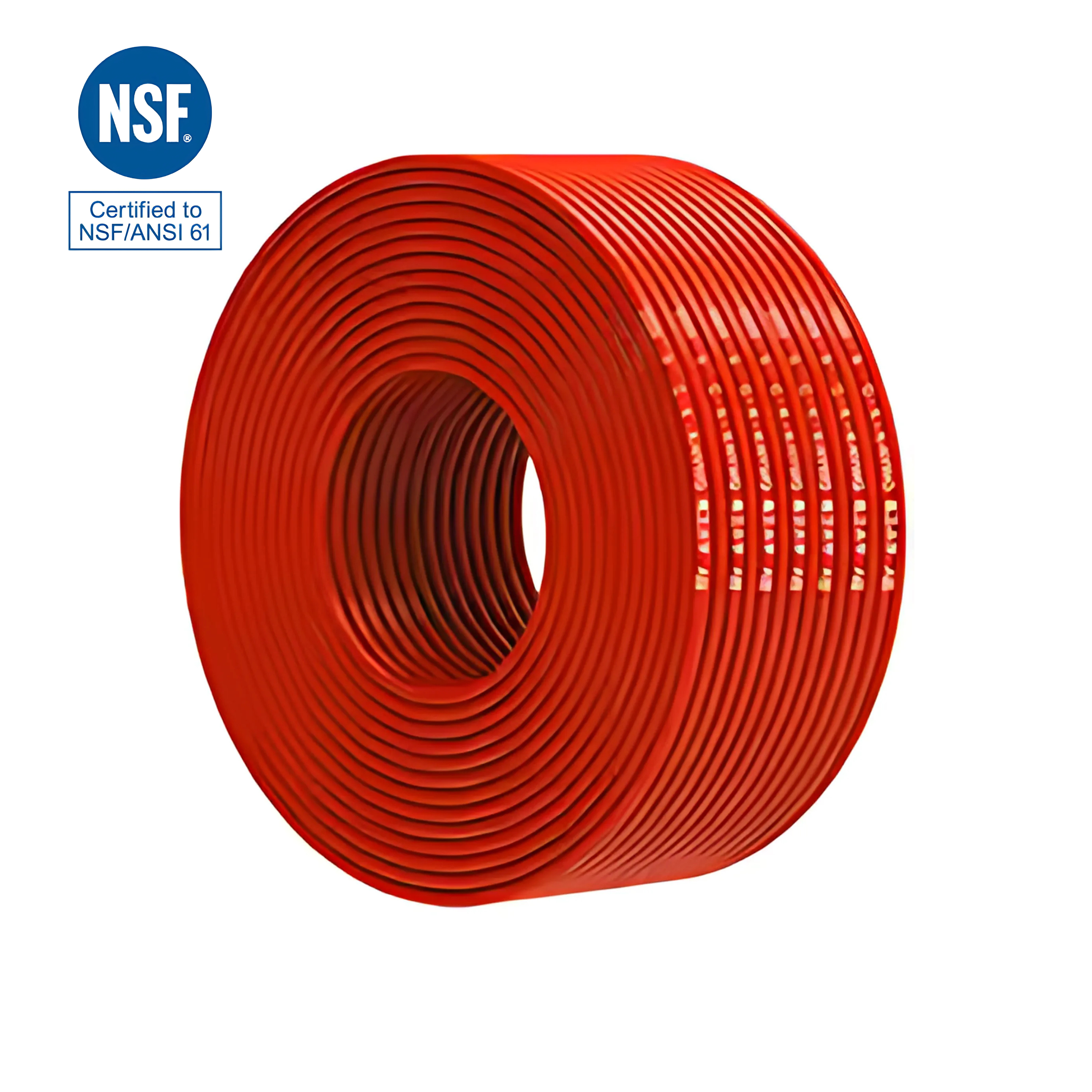 Eine große, sauber aufgewickelte Rolle roten 1/4" Umkehrosmoseschlauch, lebensmittelecht, mit NSF-Zertifikatssiegel.