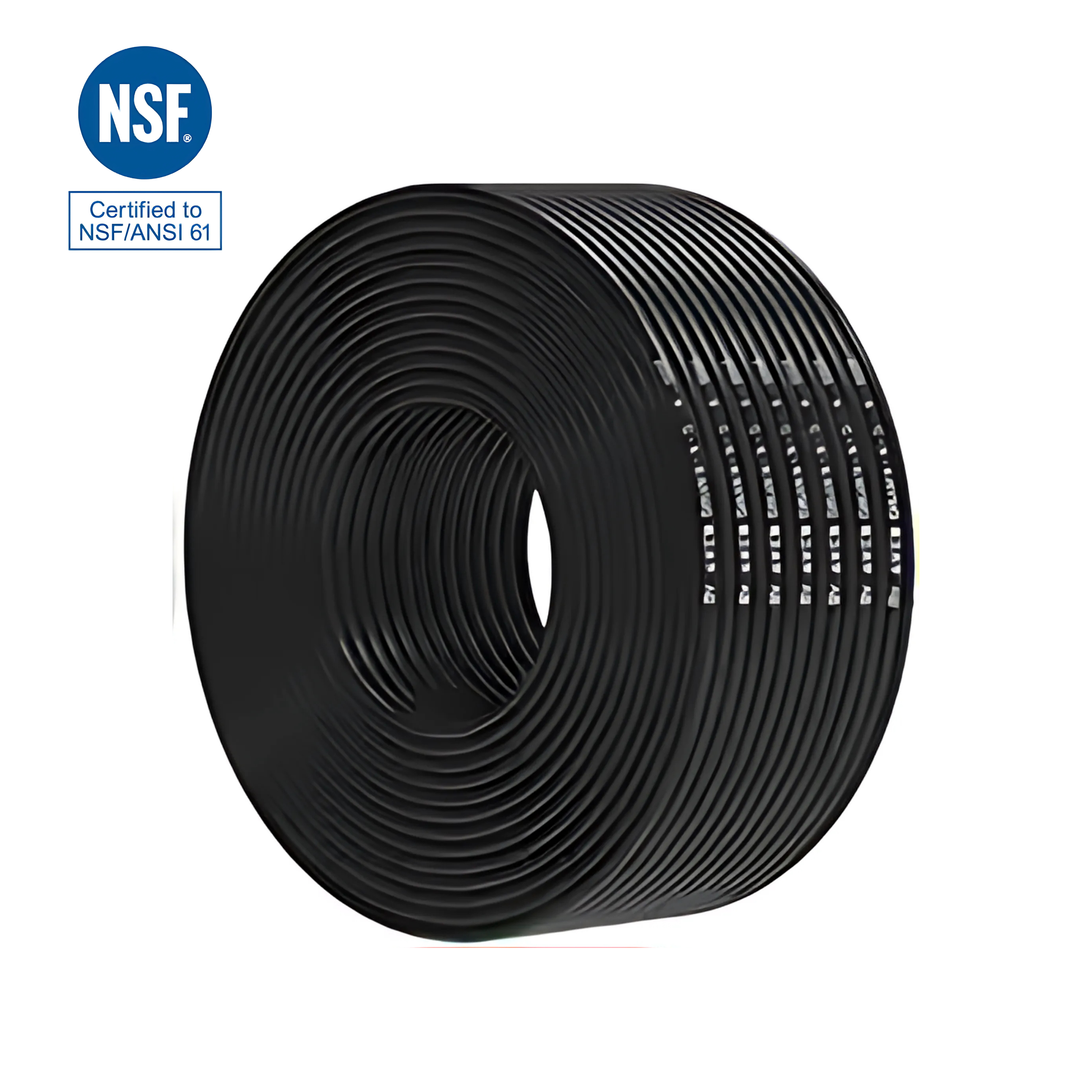 Eine große, aufgerollte schwarze Umkehrosmoseschlauch mit 1/4 Zoll Durchmesser, NSF zertifiziert, seitlich beschriftet.