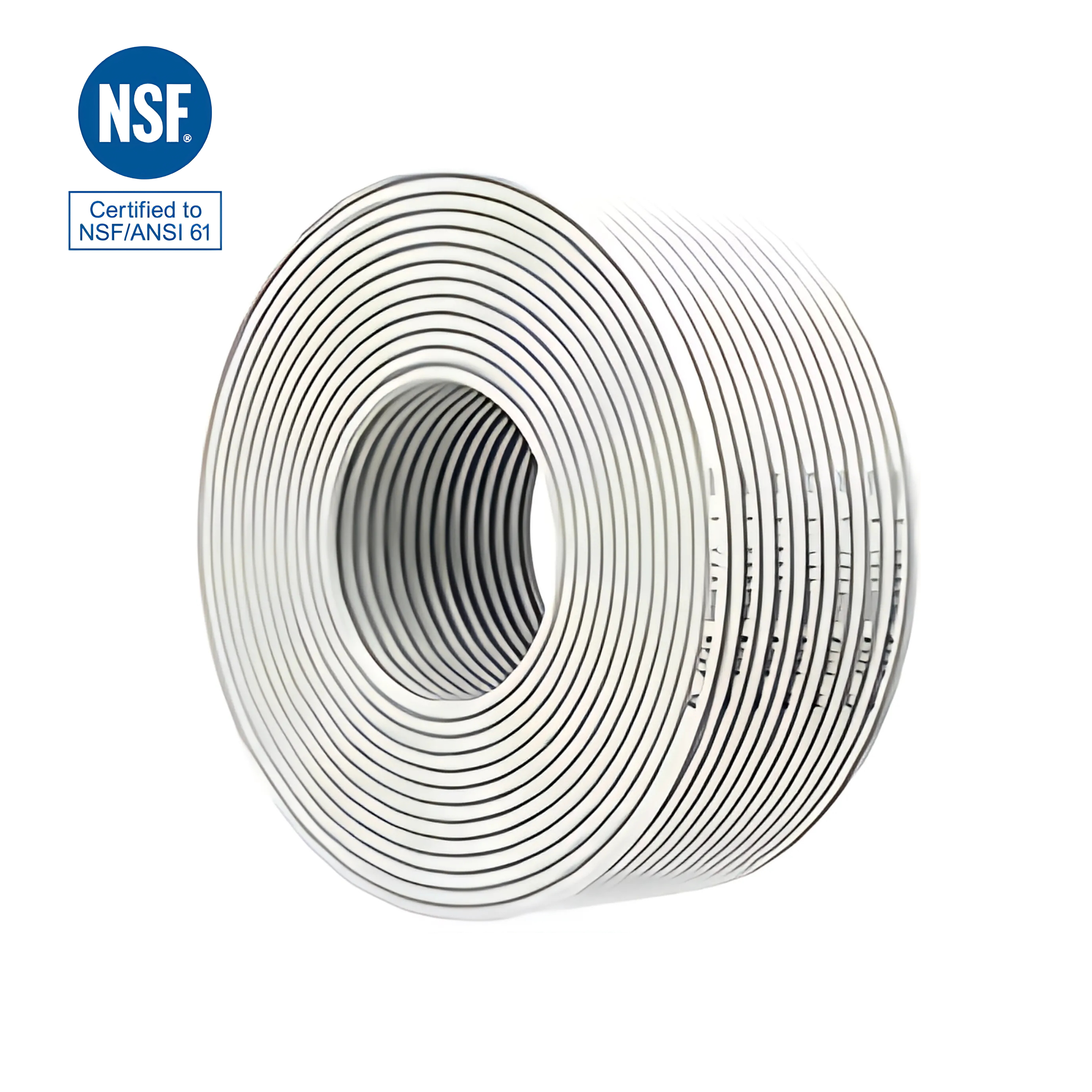 Eine große Rolle weißen 1/4" Umkehrosmoseschlauch, sauber aufgewickelt, mit NSF-Zertifizierung auf weißem Hintergrund.