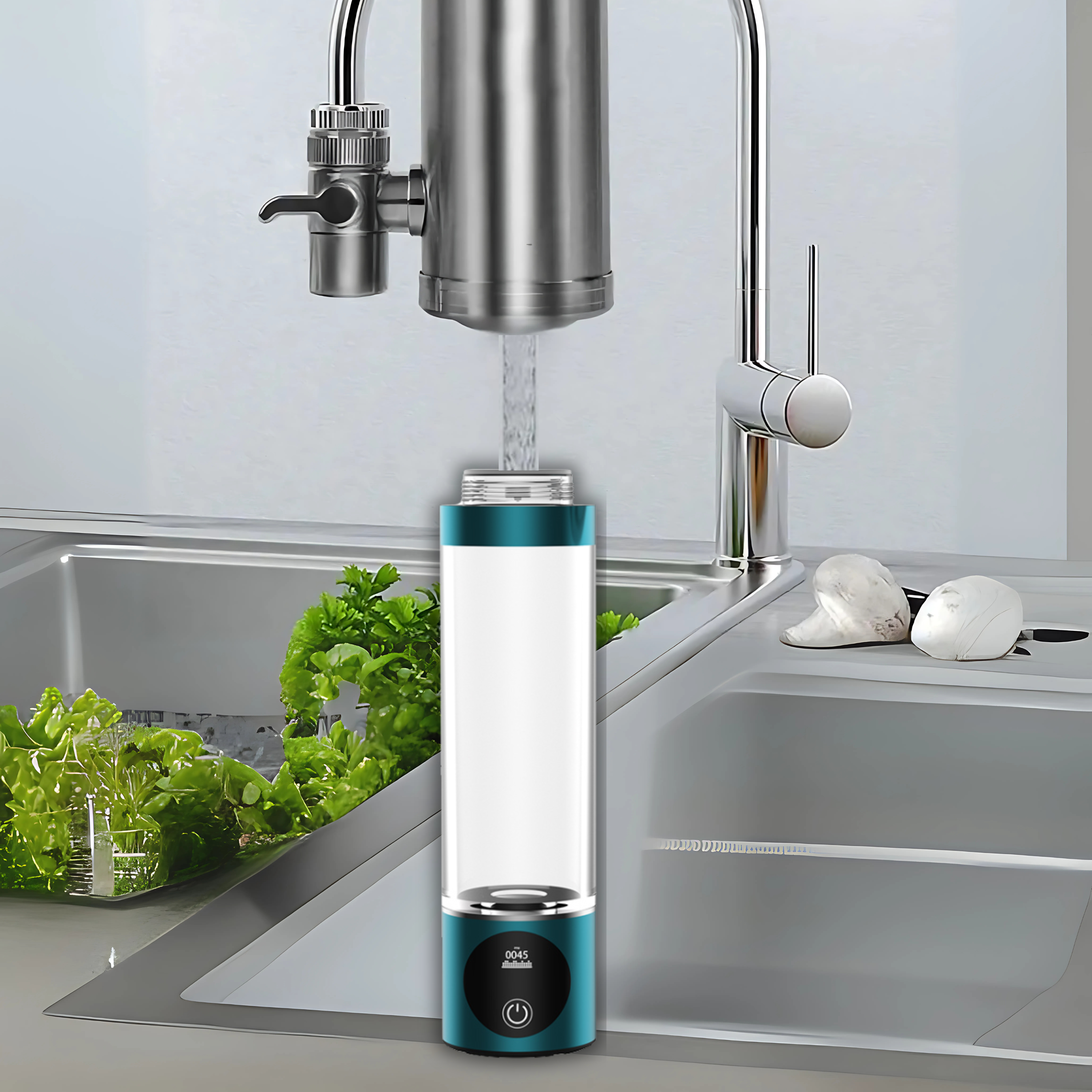 In einer modernen Küche wird eine durchsichtige Trinkflasche mit türkisfarbenem Deckel und Boden unter einem Wasserhahn mit gefiltertem Wasser befüllt. Im Hintergrund liegen frische grüne Kräuter im Spülbecken, daneben sind zwei weiße Natursteine auf der Ablage sichtbar. Die Flasche hat unten einen schwarzen Einschaltknopf und ein digitales Display.